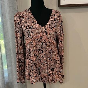 ANDREE BY UNIT Paisley V-Neck Blouse - Pink and Black